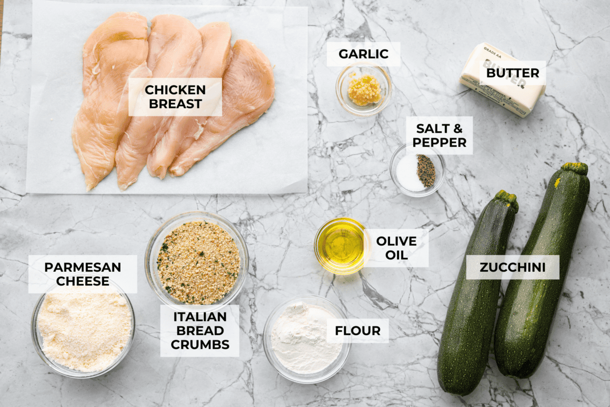 My family and I cannot get enough of this versatile summer vegetable! Whether you use it for a side dish or the entrée, its tender texture and ability to absorb flavor is unmatched. Take advantage of zucchini being in season and try out some of my other favorite zucchini recipes! Overhead shot of labeled ingredients.