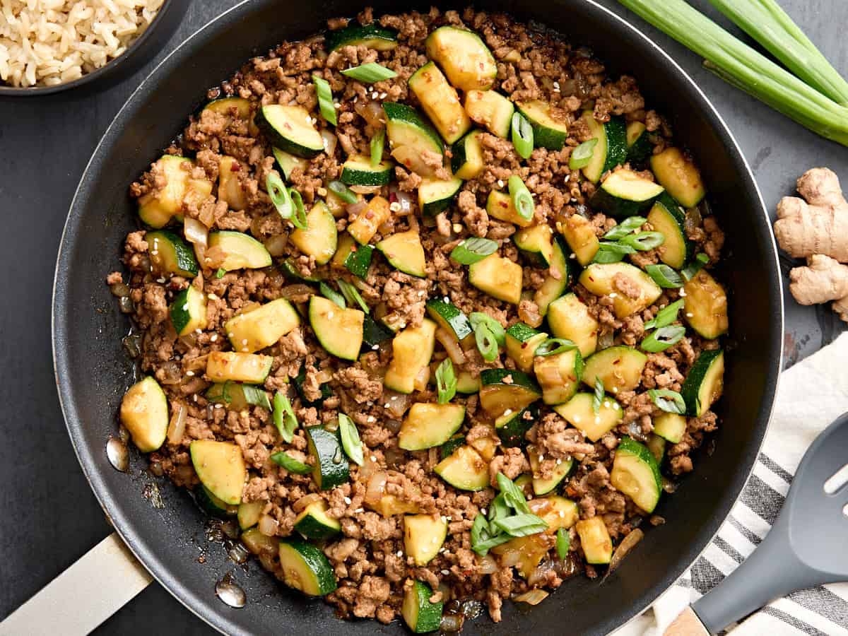 Overhead view of an easy ground turkey zucchini skillet.