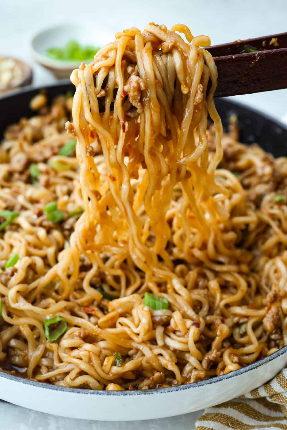 These dragon noodles are the ultimate weeknight dinner when you’re craving big flavor fast. Tender noodles, spicy-sweet sauce, and savory pork come together for a dish that’s fast, fiery, and seriously addictive. Meat and sauce mixture combined with the cooked dragon noodles.