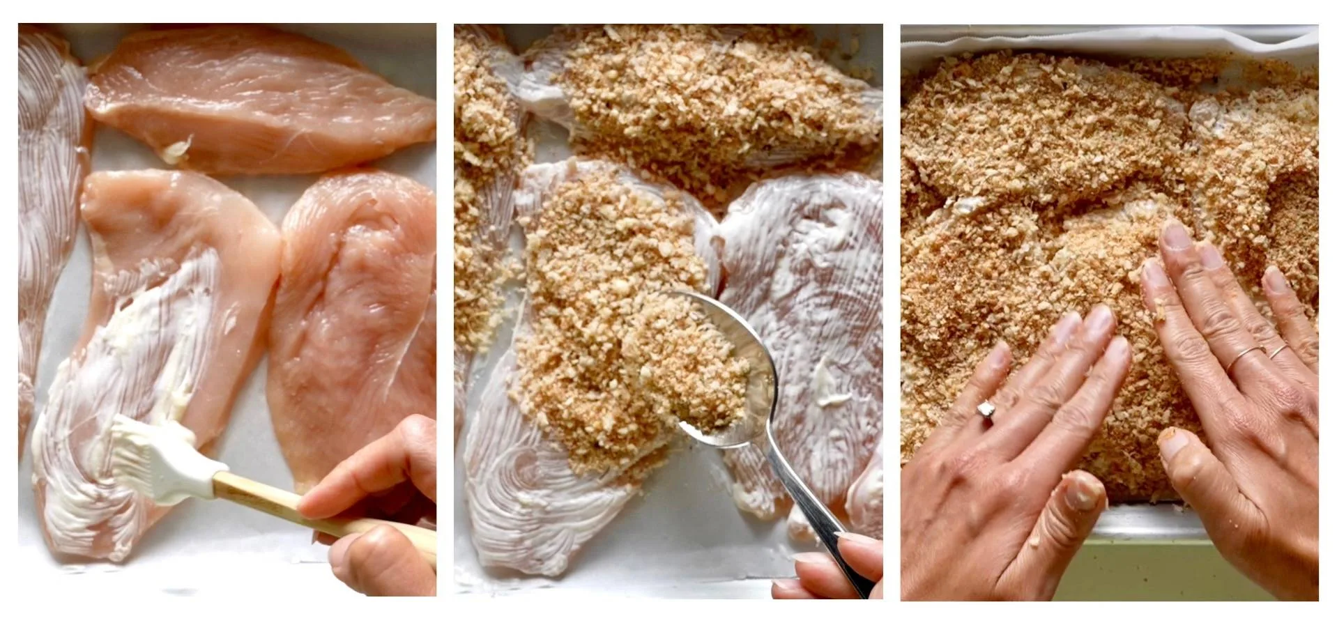 Coating chicken in mayo and breadcrumbs.