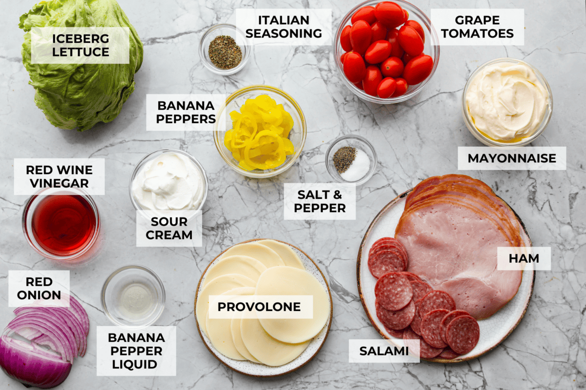 Overhead shot of labeled ingredients. 