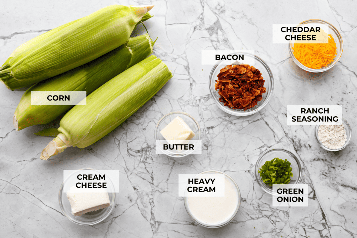 Overhead shot of labeled ingredients. 