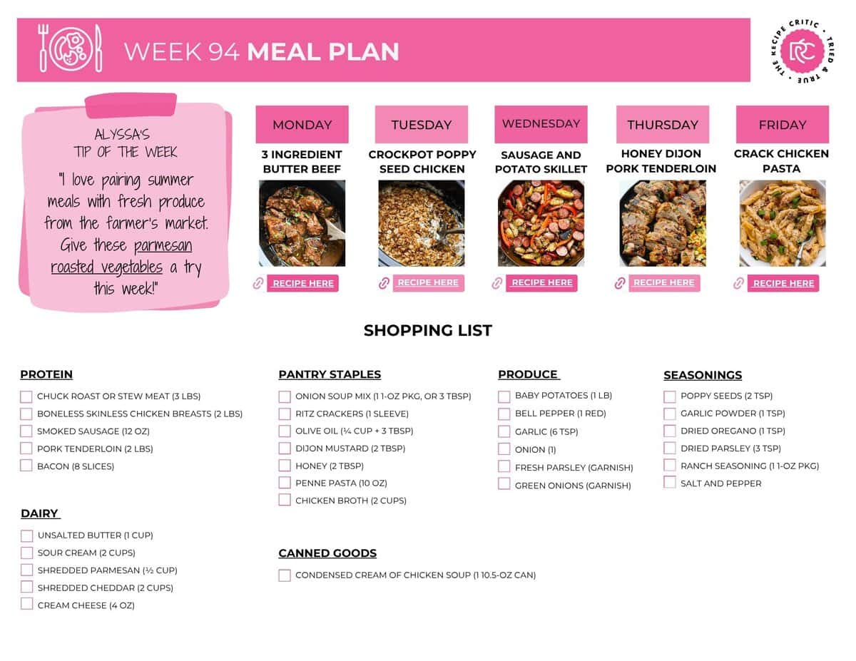 This week’s meal plan is full of easy, comforting dinners that keep things simple, filling, and family-friendly. A little planning now means less chaos later, fewer last-minute takeout runs, and one less thing to think about at 5 p.m. Image of the free printable shopping list for this week's meal plan.