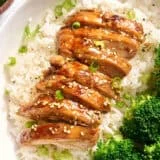 Overhead view of sliced teriyaki chicken on a bed on rice on a plate.