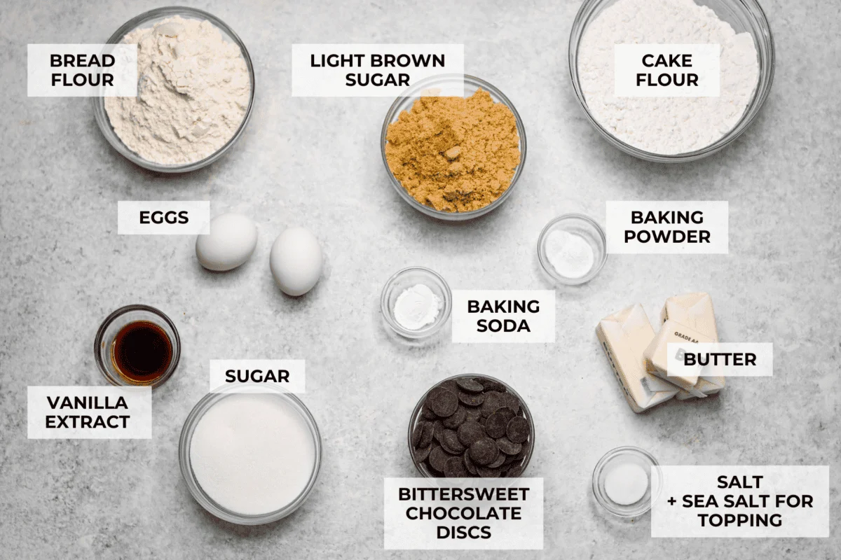 Overhead shot of labeled Jacques Torres chocolae Chip cookies ingredients.