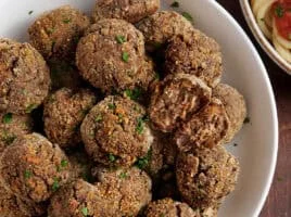 Overhead view of a plate of vegan meatballs.