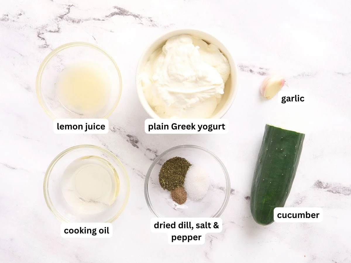 The ingredients for tzatziki sauce with labels.