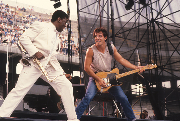 E-Street Band saxophone player Clarence Clemons and singer-songwriter Bruce Springsteen performing onstage