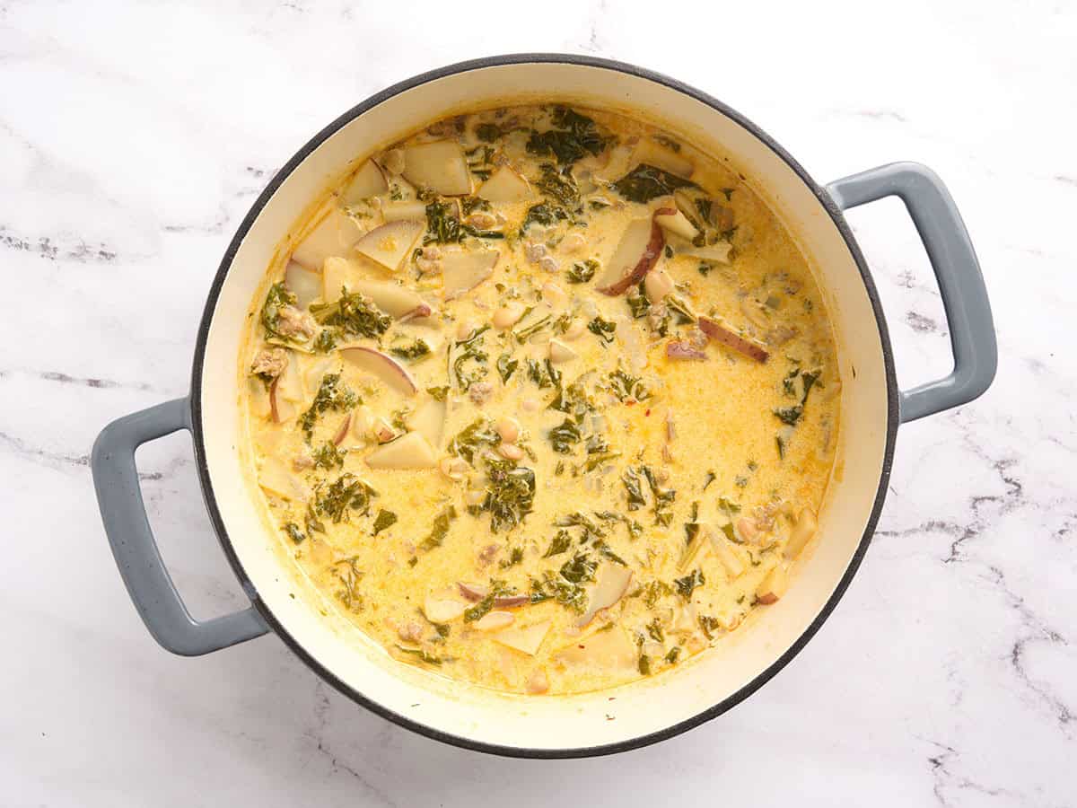 Overhead view of a finished pot of zuppa toscana.