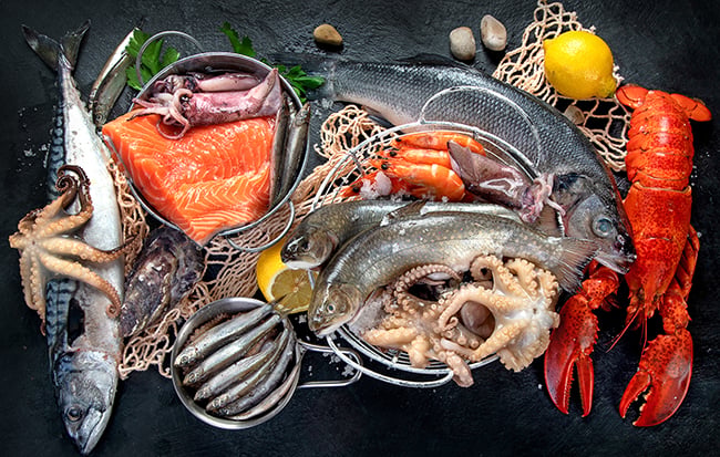 Variety of fresh seafood including salmon, lobster, octopus, fish and shellfish