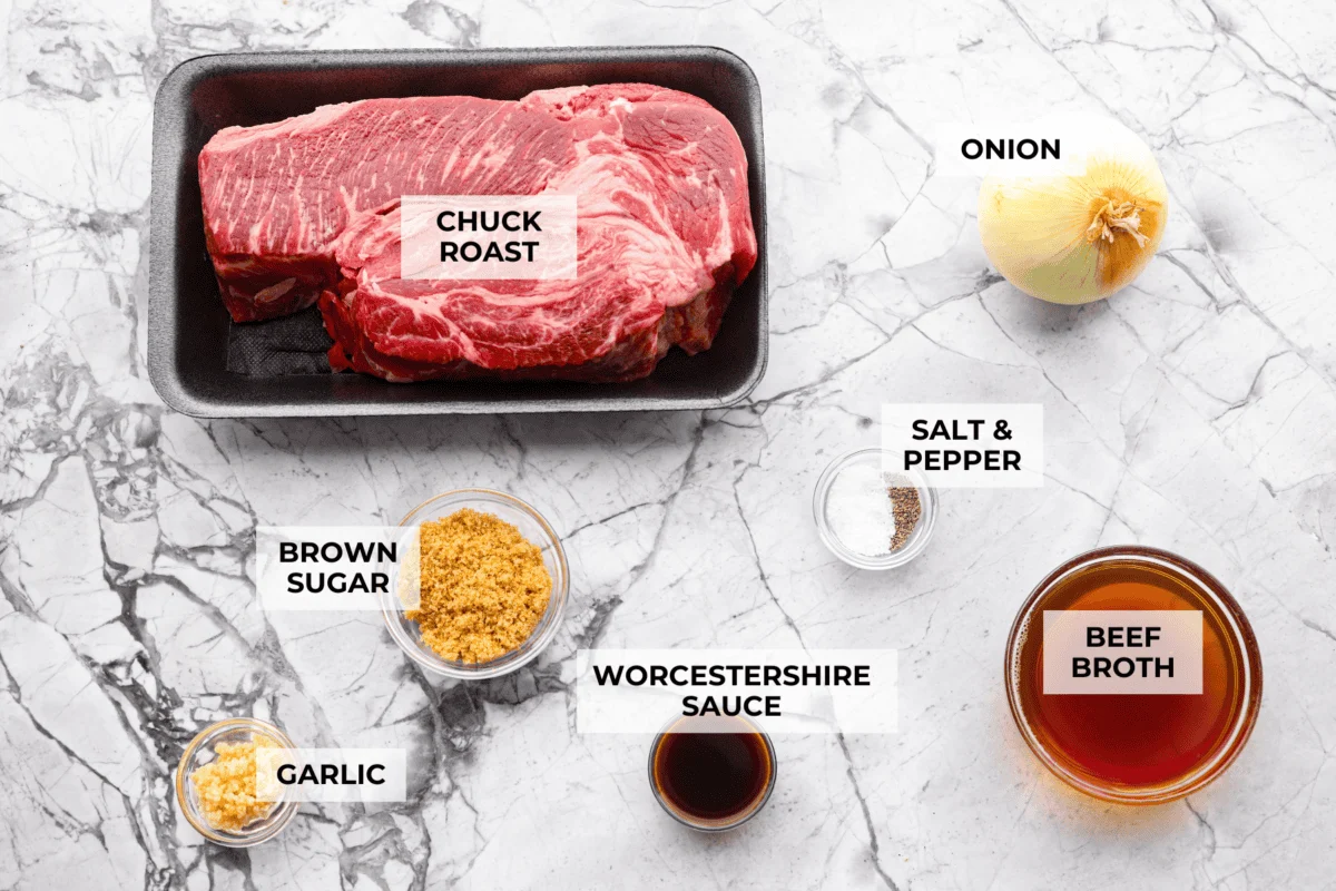 Overhead shot of labeled ingredients. 