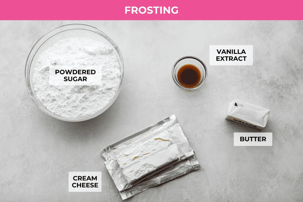 Overhead shot of labeled cream cheese frosting ingredients. 