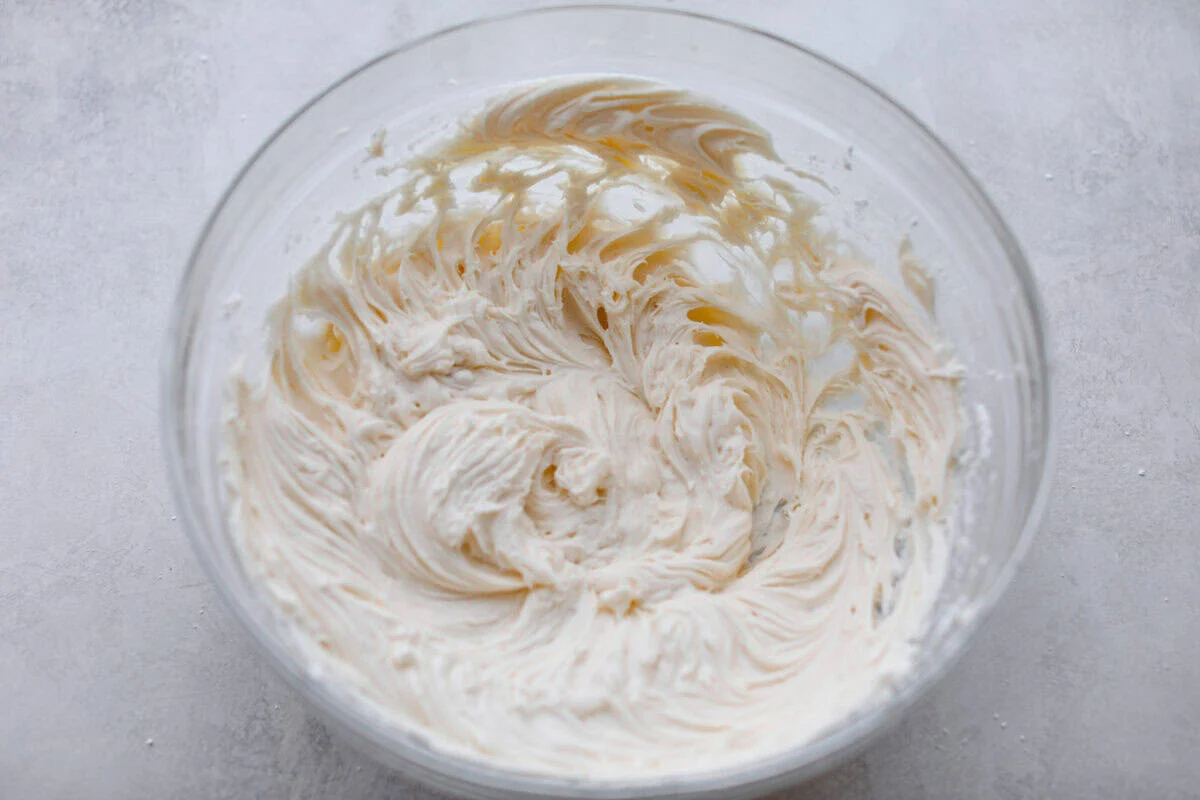 Cream cheese frosting all mixed together ready to be spread on the cake. 