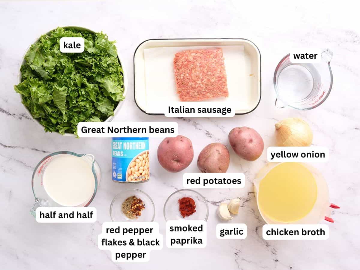 The ingredients to make zuppa toscana with labels.
