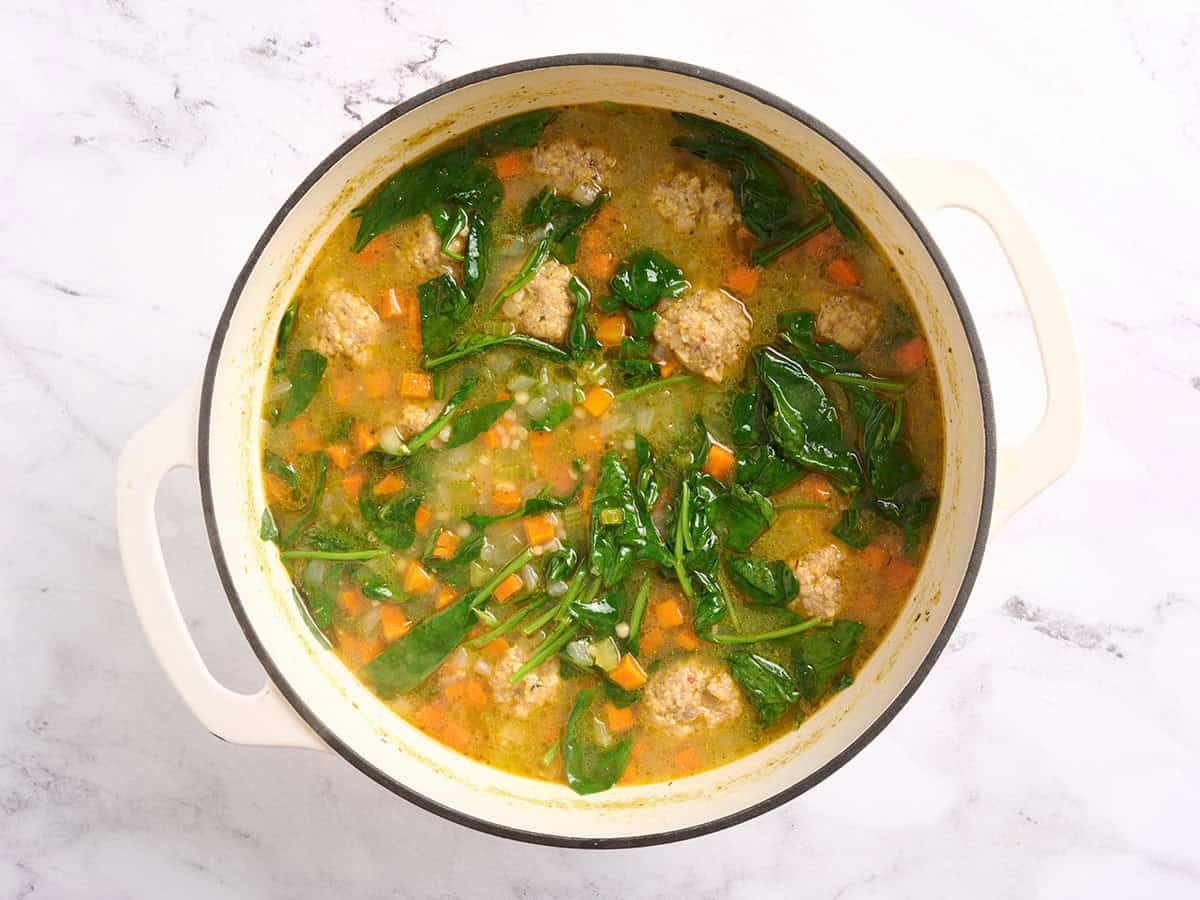 A pot of Italian wedding soup.