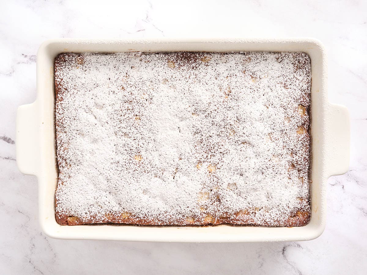 Overhead view of an apple spice cake with powdered sugar added.