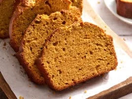 Front view of pumpkin bread slices.