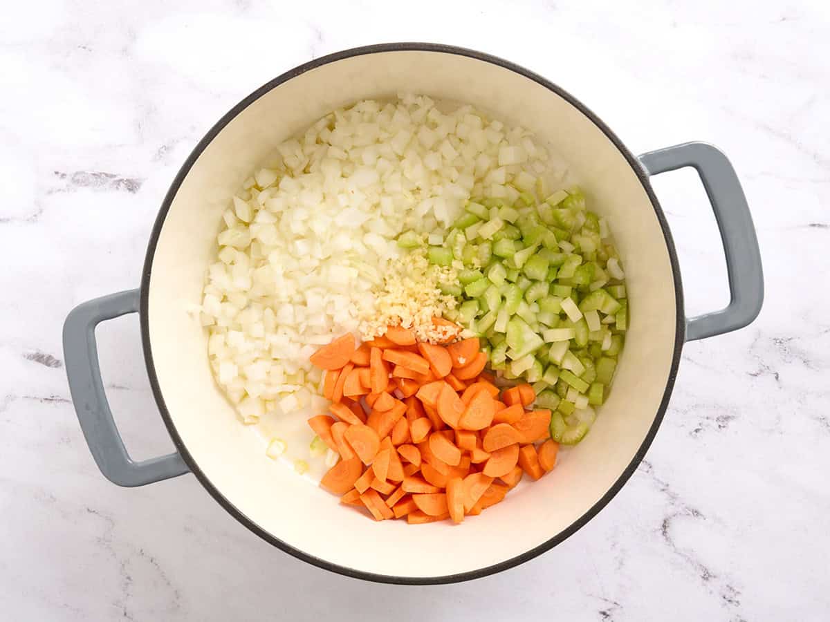 Diced carrots, celery and onion in a pot.
