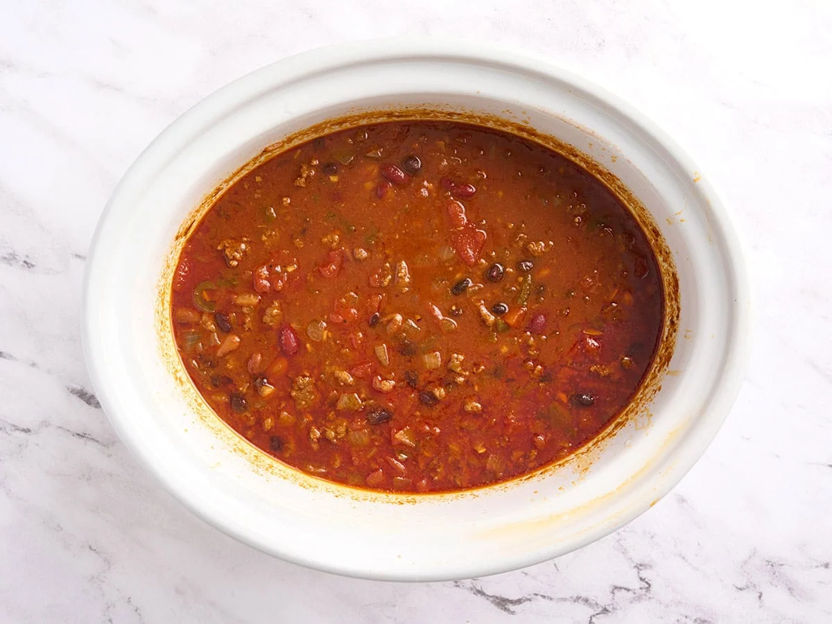 A finished crockpot of chili.