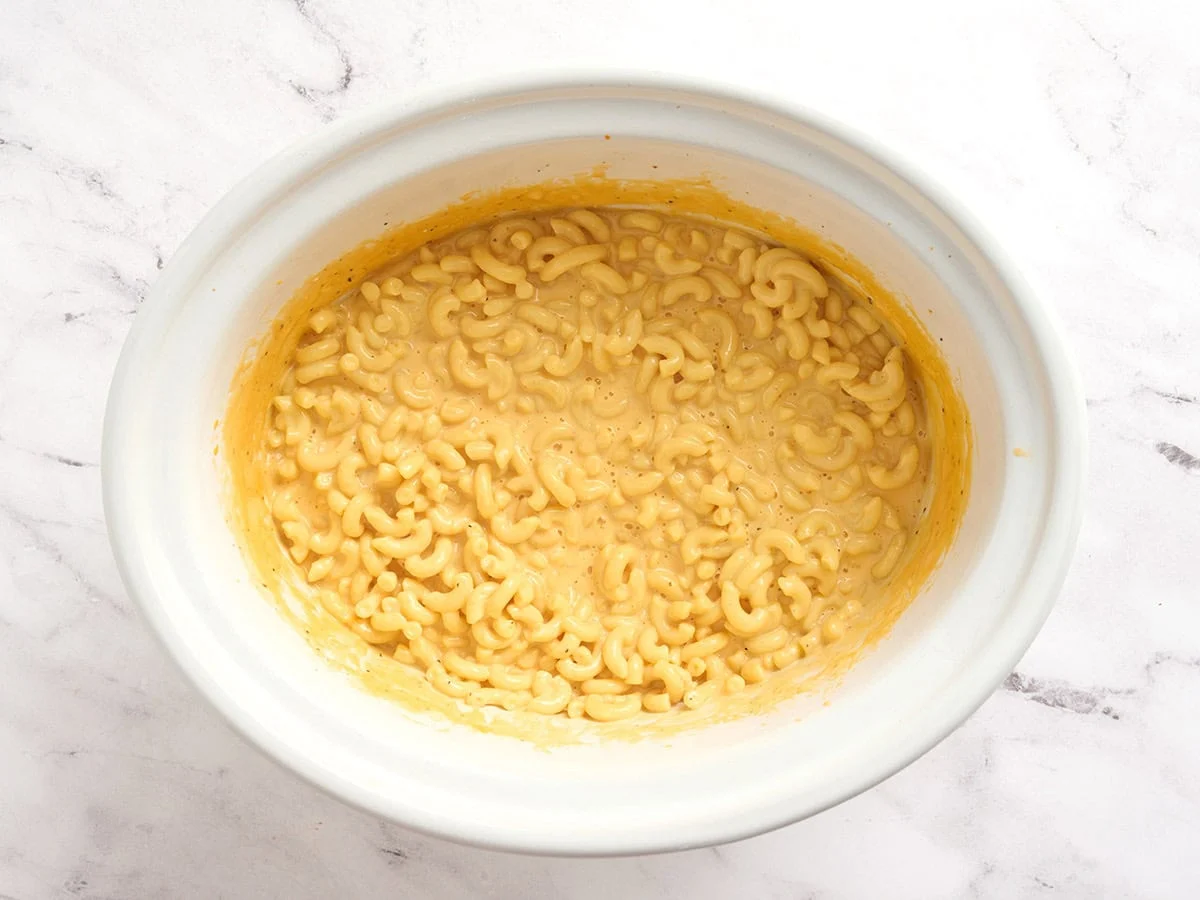 Overhead view of crockpot mac and cheese.