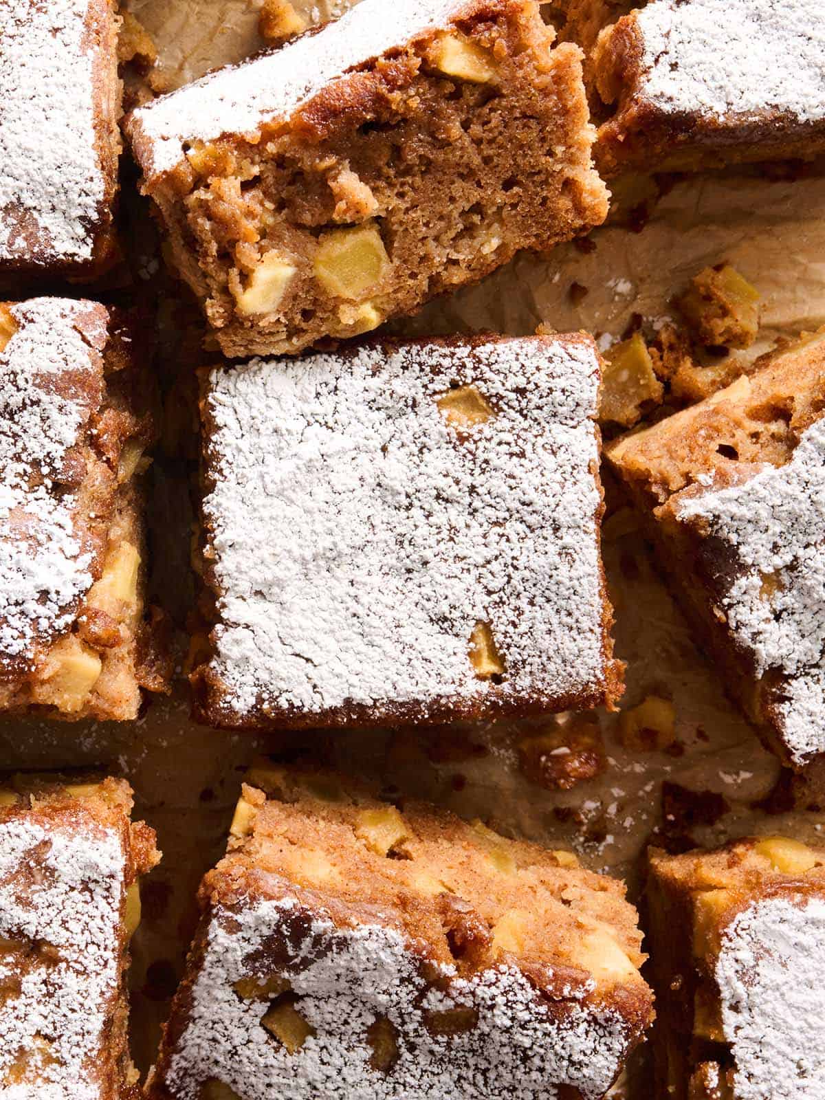 Overhead view of an apple spice cake cut into squares.