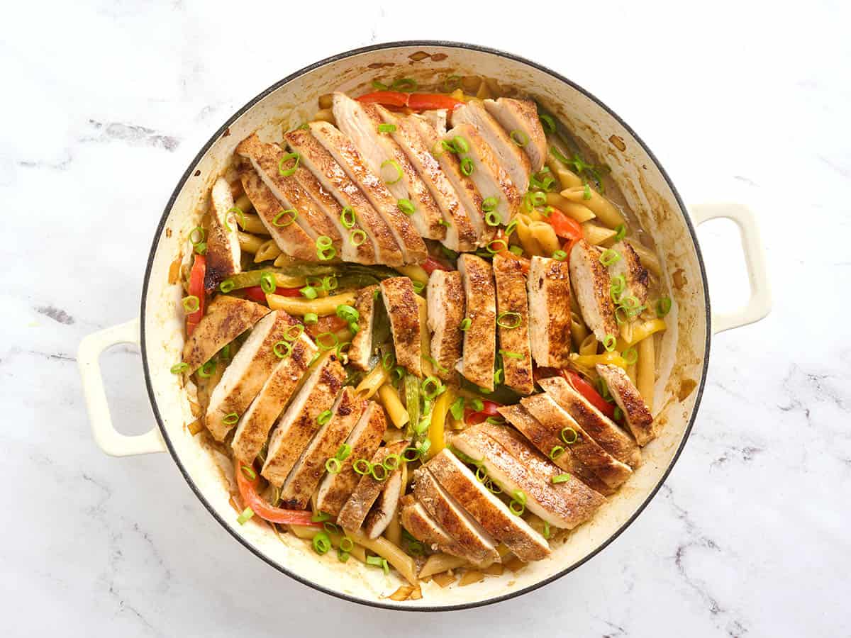Overhead view of a skillet of rasta pasta.