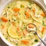 Overhead view of Greek chicken soup in a bowl.