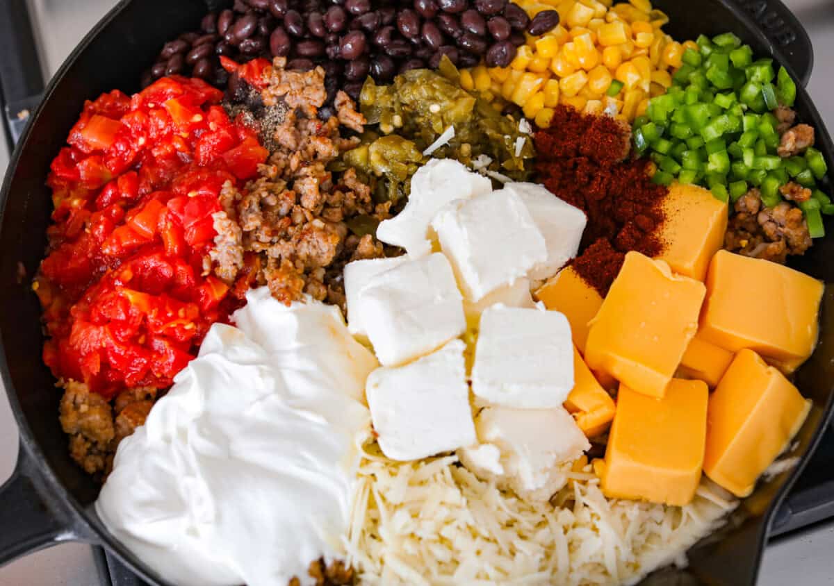 All of the ingredients added to the skillet. 