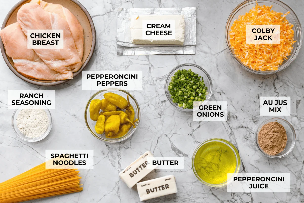Overhead shot of labeled Mississippi chicken spaghetti ingredients.