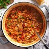 Overhead view of a pot of stuffed pepper soup.