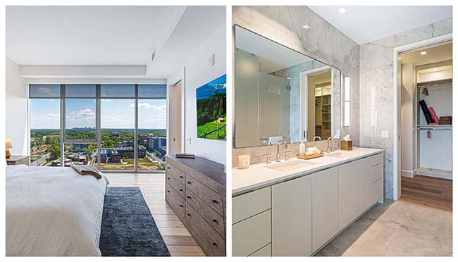 Side-by-side views of a bedroom with large windows and a bathroom with double vanity