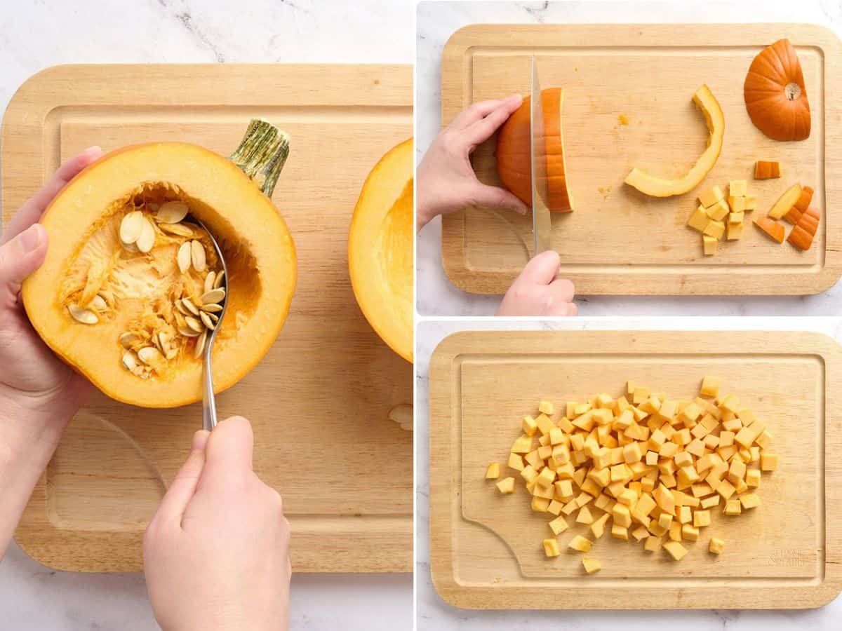 The step by step process of diced a pumpkin.