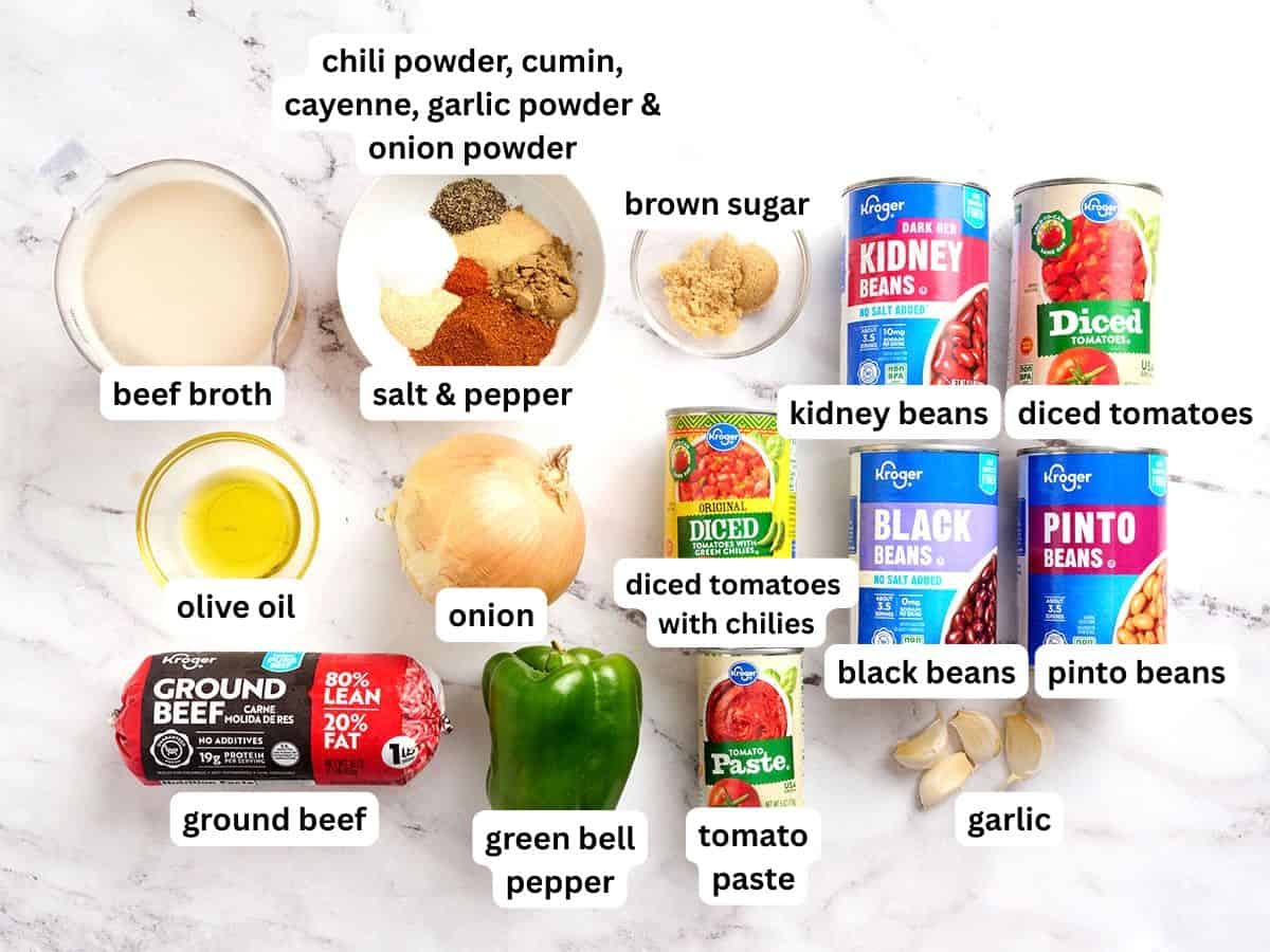 The ingredients to make a crockpot chili with labels.