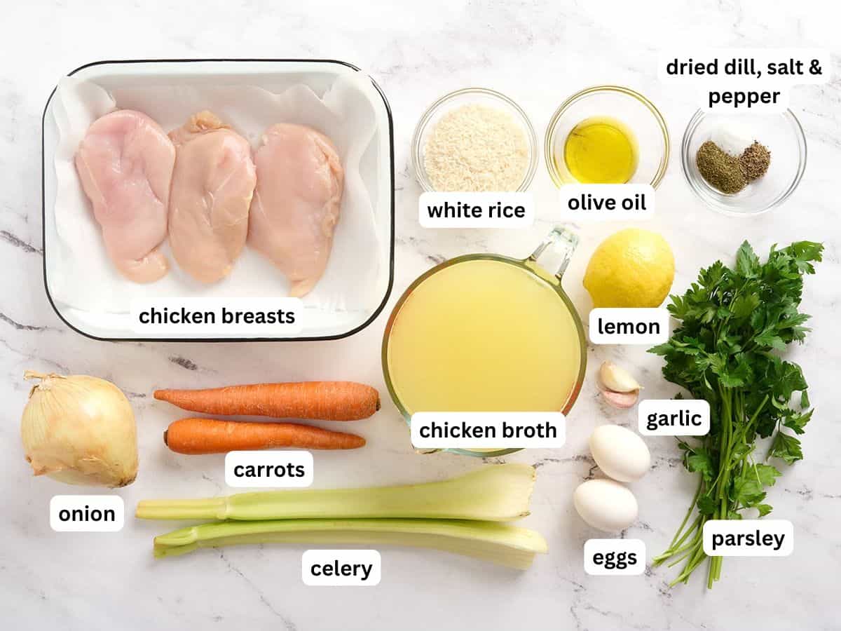 The ingredients to make greek chicken soup with labels.