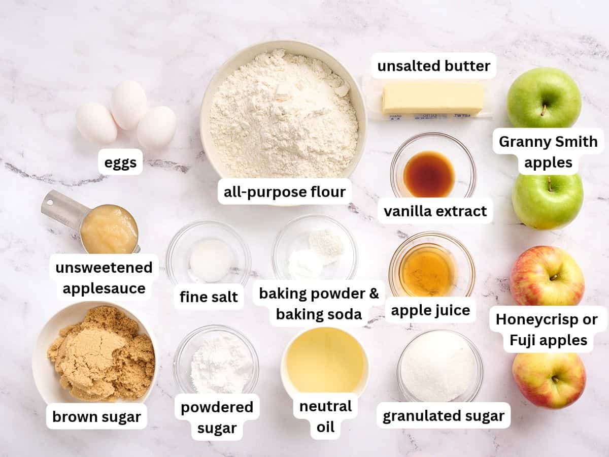 The ingredients for an apple spice cake with labels.