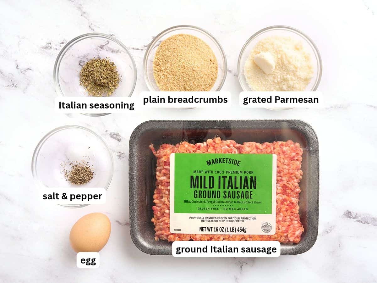 The ingredients to make the meatballs for Italian wedding soup with labels.