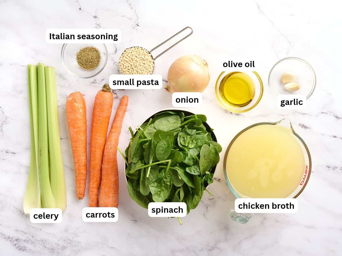 The ingredients to make Italian wedding soup with labels.