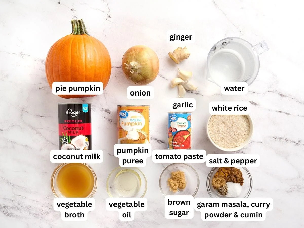 The ingredients to make a pumpkin curry with ingredient labels.