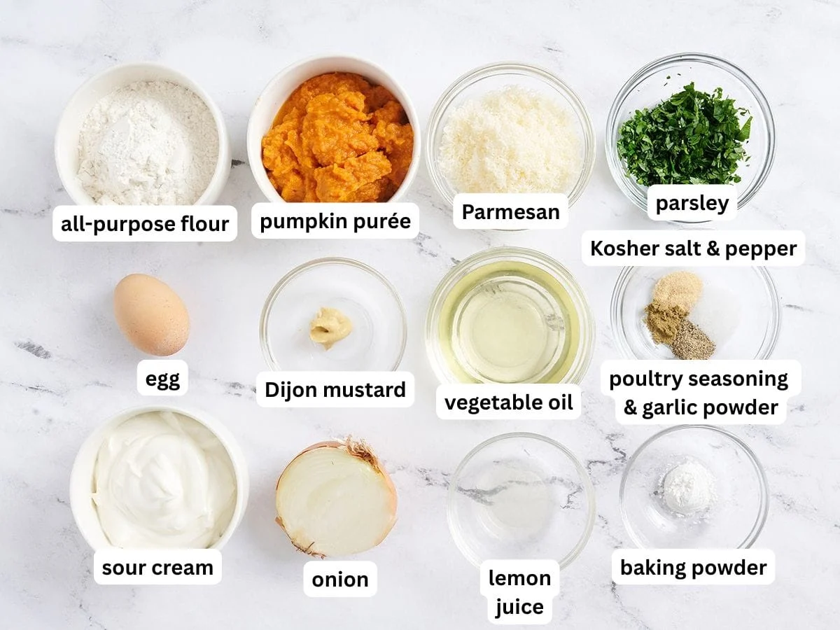 The ingredients to make pumpkin fritters with labels.