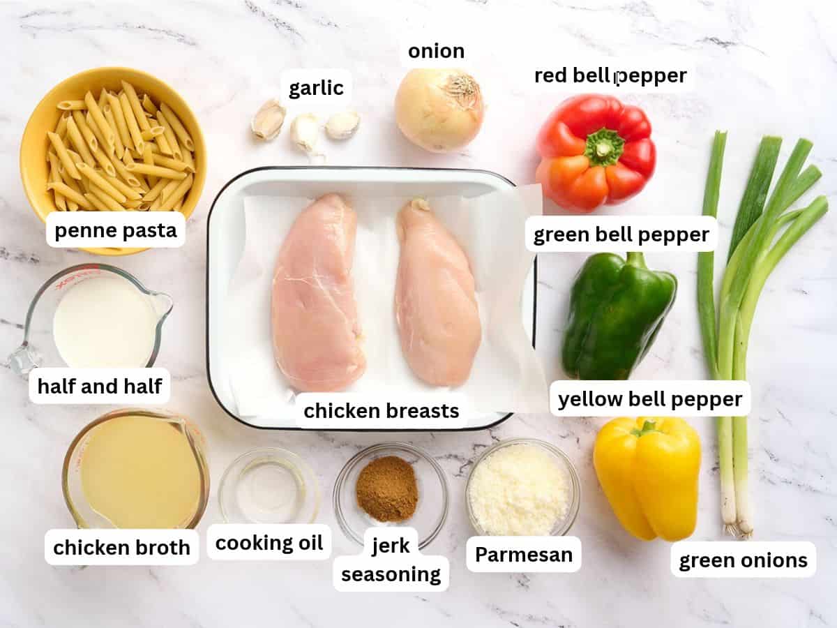The ingredients to make rasta pasta with labels.