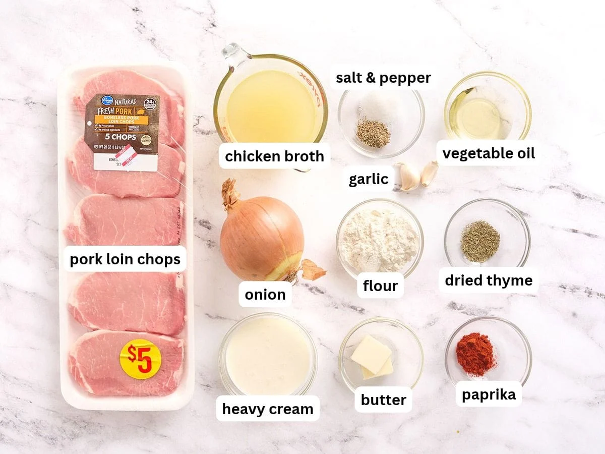 The ingredients for smothered pork chops with labels.