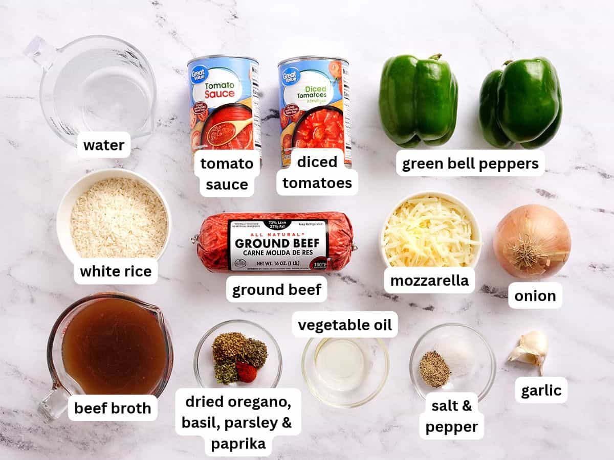 The ingredients for stuffed pepper soup with labels.